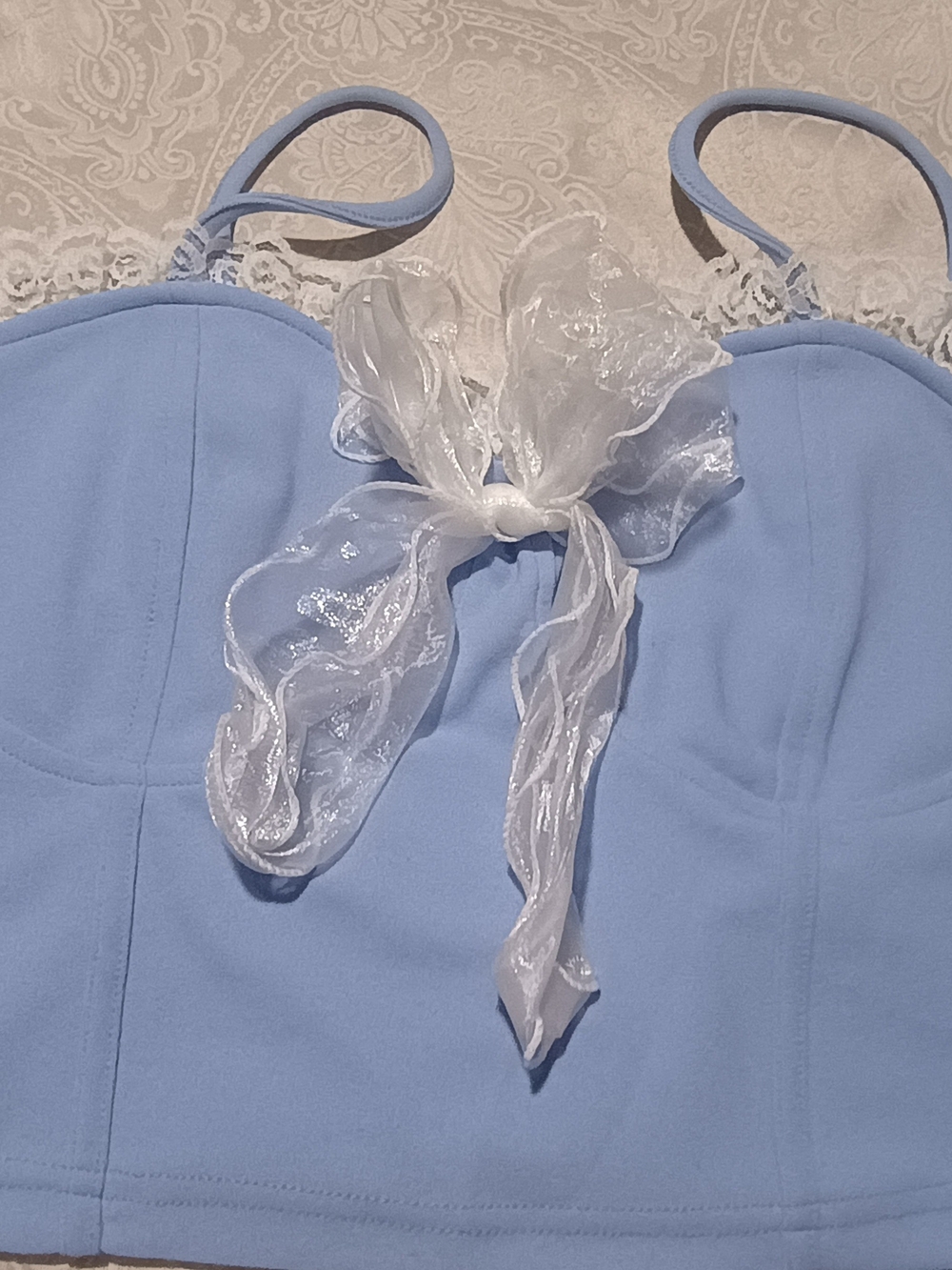 Light Blue Lace-Trim Cami Top with Sheer Bow